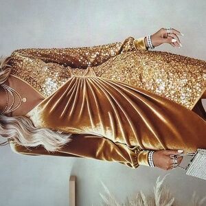 Elegant Gold Sequin Wrap Velveteen Dress